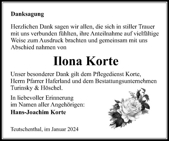 Traueranzeige von Ilona Korte von Mitteldeutsche Zeitung Halle/Saalkreis
