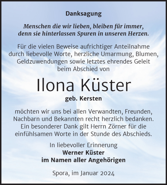 Traueranzeige von Ilona Küster von Trauerkombi Zeitz