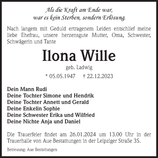 Traueranzeige von Ilona Wille von Volksstimme Magdeburg