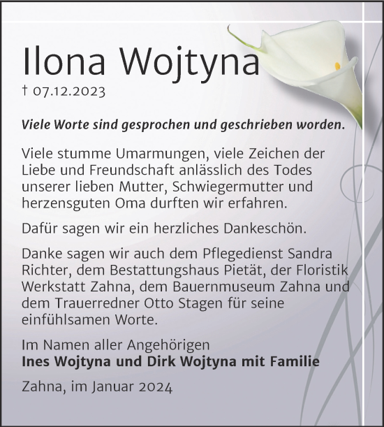 Traueranzeige von Ilona Wojtyna von Trauerkombi Wittenberg