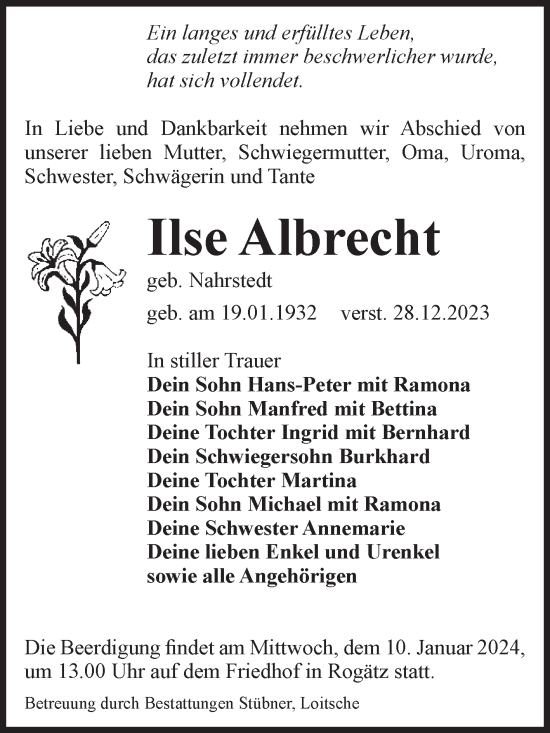 Traueranzeige von Ilse Albrecht von Volksstimme Haldensleben/Wolmirstedt