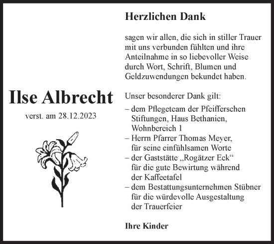 Traueranzeige von Ilse Albrecht von Volksstimme Haldensleben/Wolmirstedt