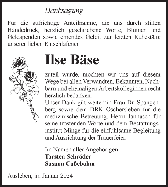 Traueranzeige von Ilse Bäse von Volksstimme Oschersleben/Wanzleben
