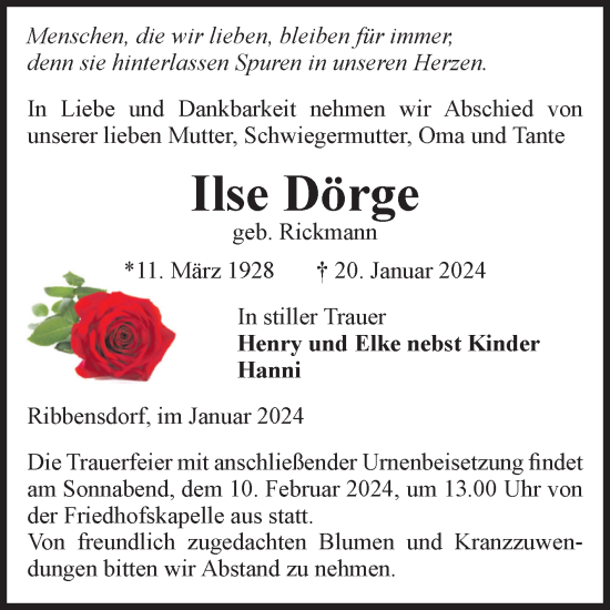 Traueranzeige von Ilse Dörge von Volksstimme Haldensleben/Wolmirstedt