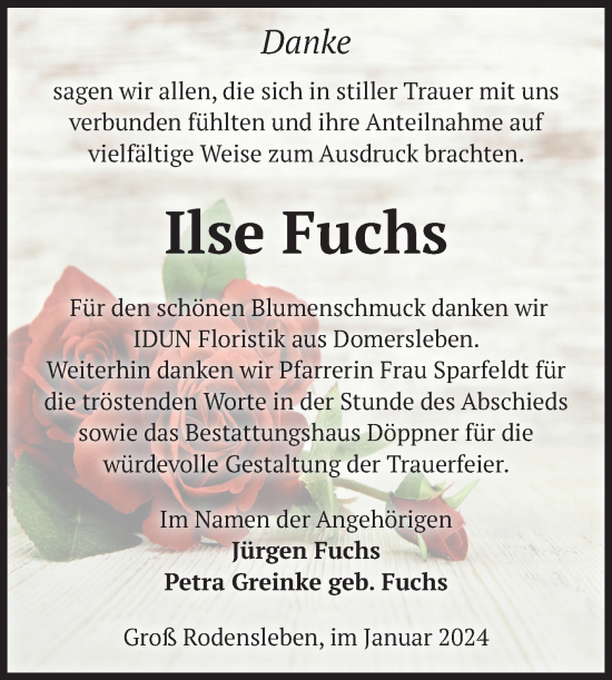 Traueranzeige von Ilse Fuchs von Volksstimme Oschersleben/Wanzleben