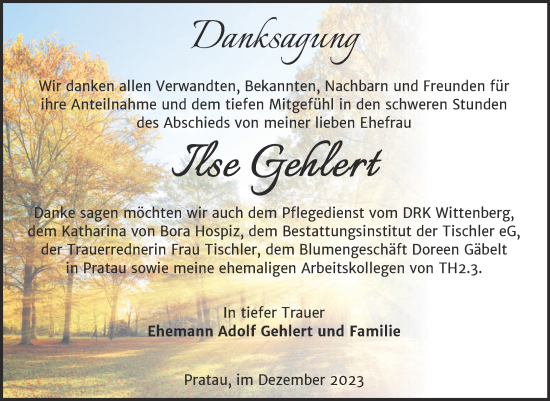 Traueranzeige von Ilse Gehlert von Trauerkombi Wittenberg