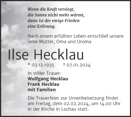 Traueranzeige von Ilse Hecklau von Trauerkombi Merseburg