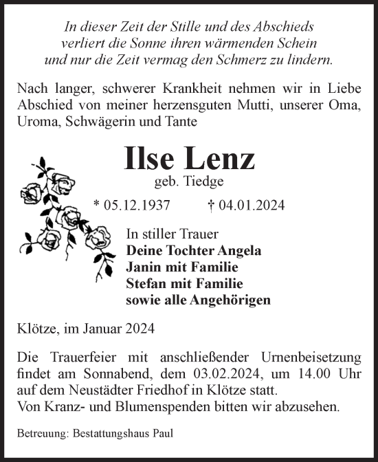 Traueranzeige von Ilse Lenz von Volksstimme Altmark West