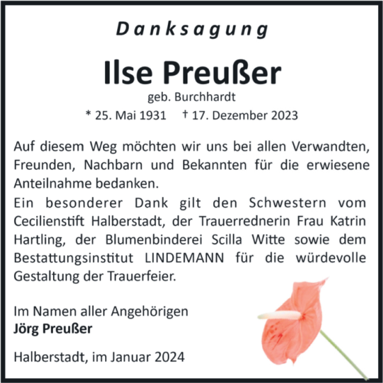 Traueranzeige von Ilse Preußer von Volksstimme Halberstadt