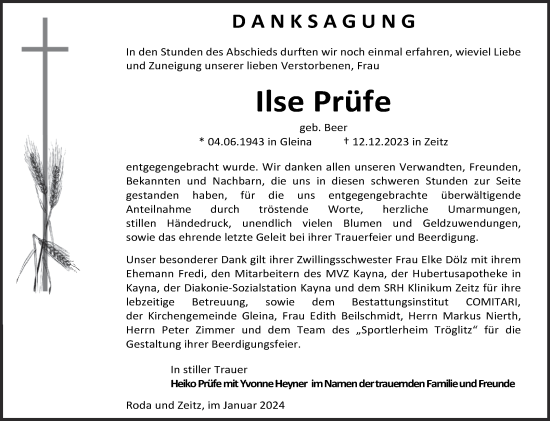 Traueranzeige von Ilse Prüfe von Trauerkombi Zeitz