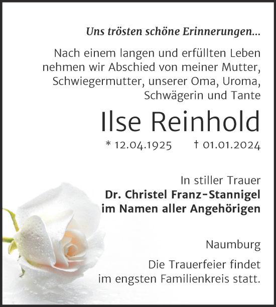 Traueranzeige von Ilse Reinhold von Naumburger Tageblatt