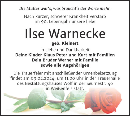 Traueranzeige von Ilse Warnecke von Trauerkombi Weißenfels