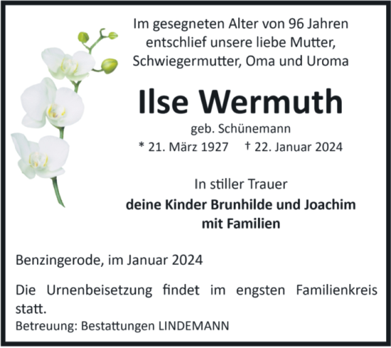 Traueranzeige von Ilse Wermuth von Volksstimme Wernigerode