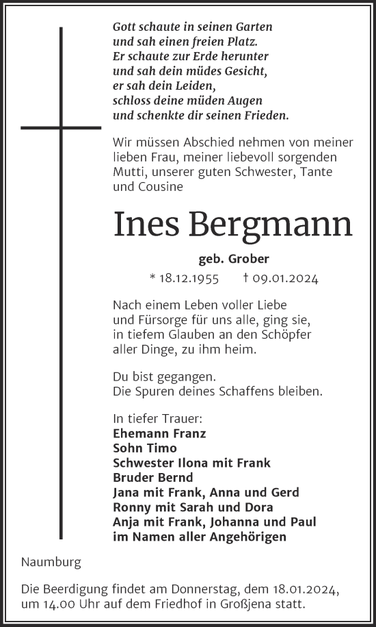 Traueranzeige von Ines Bergmann von Naumburger Tageblatt
