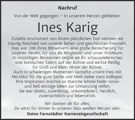 Traueranzeige von Ines Karig von Trauerkombi Merseburg