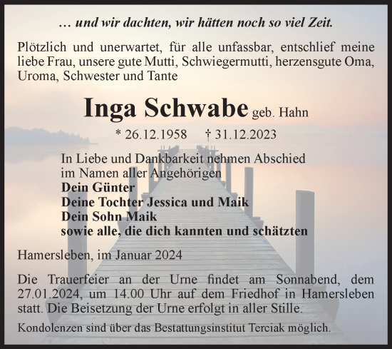 Traueranzeige von Inga Schwabe von Volksstimme Oschersleben/Wanzleben