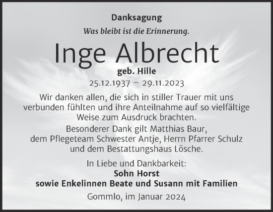 Traueranzeige von Inge Albrecht von Trauerkombi Wittenberg