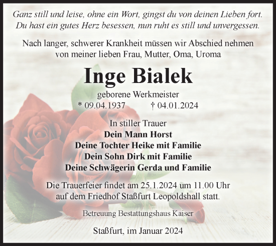 Traueranzeige von Inge Bialek von Volksstimme Staßfurt
