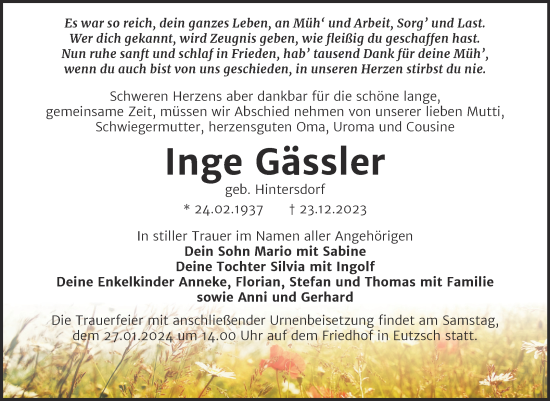 Traueranzeige von Inge Gässler von Trauerkombi Wittenberg