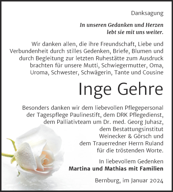 Traueranzeige von Inge Gehre von Trauerkombi Bernburg