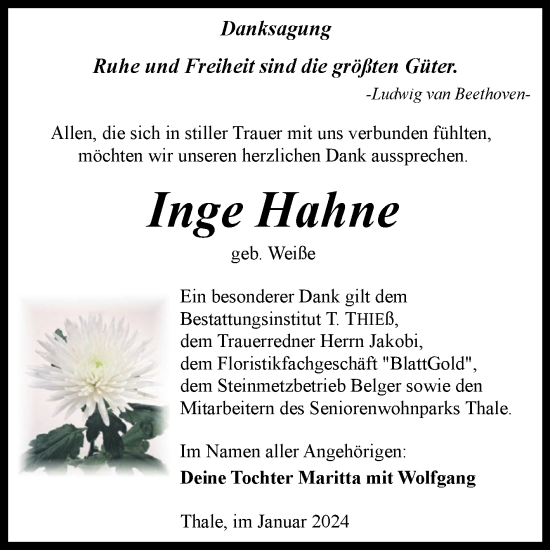 Traueranzeige von Inge Hahne von Trauerkombi Quedlinburg