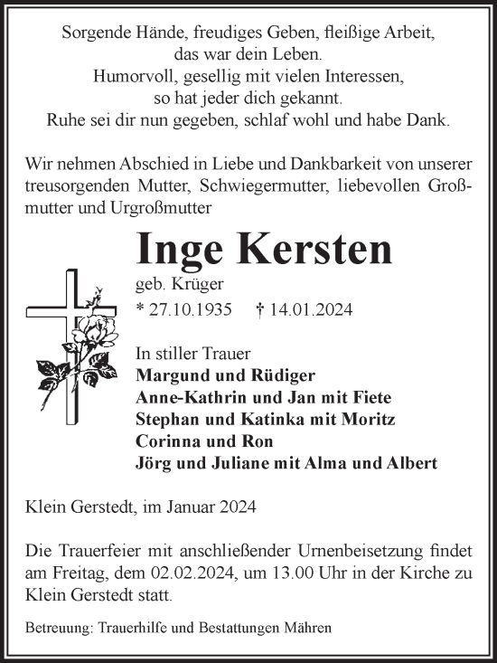 Traueranzeige von Inge Kersten von Volksstimme Altmark West