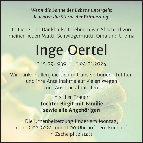 Traueranzeige von Inge Oertel von Wochenspiegel Naumburg/Nebra