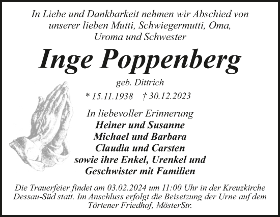 Traueranzeige von Inge Poppenberg von Trauerkombi Dessau
