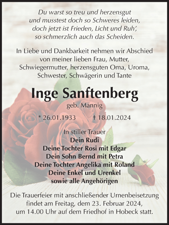 Traueranzeige von Inge Sanftenberg von Volksstimme Zerbst
