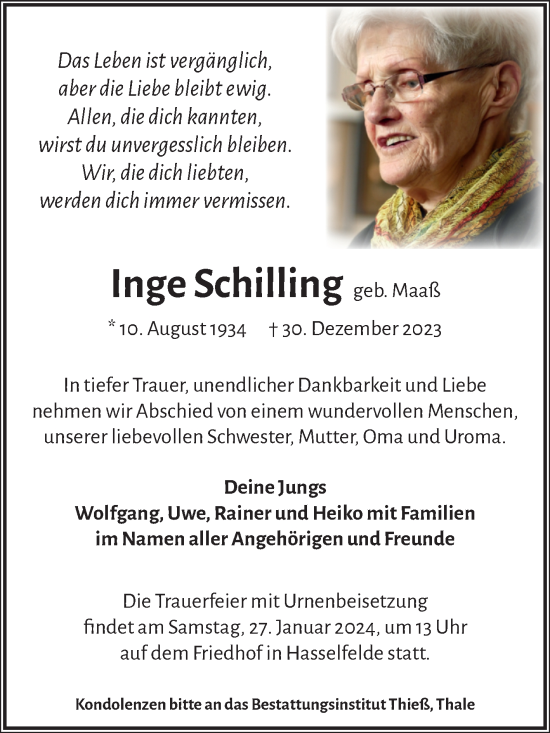 Traueranzeige von Inge Schilling von Volksstimme Wernigerode