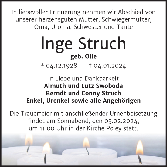 Traueranzeige von Inge Struch von Trauerkombi Bernburg