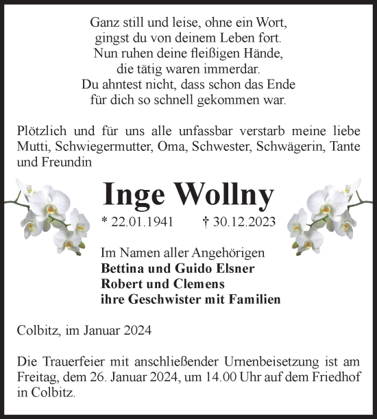 Traueranzeige von Inge Wollny von Volksstimme Haldensleben/Wolmirstedt