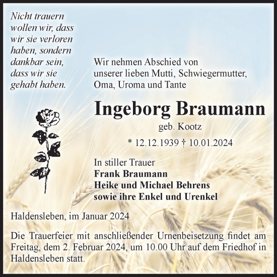 Traueranzeige von Ingeborg Braumann von Volksstimme Haldensleben/Wolmirstedt