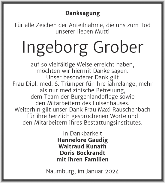 Traueranzeige von Ingeborg Grober von Naumburger Tageblatt