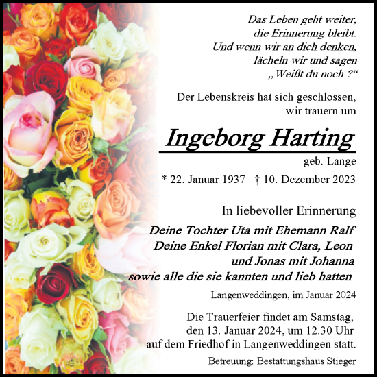 Traueranzeige von Ingeborg Harting von Volksstimme Oschersleben/Wanzleben