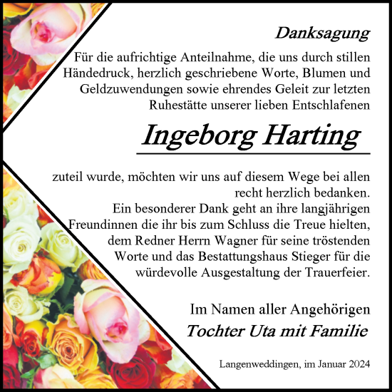 Traueranzeige von Ingeborg Harting von Volksstimme Oschersleben/Wanzleben