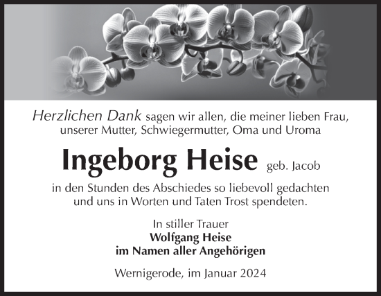Traueranzeige von Ingeborg Heise von Volksstimme Wernigerode