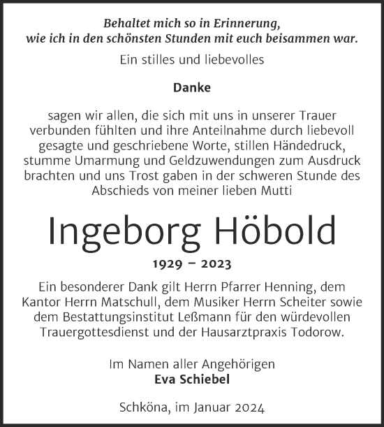 Traueranzeige von Ingeborg Höbold von Trauerkombi Wittenberg