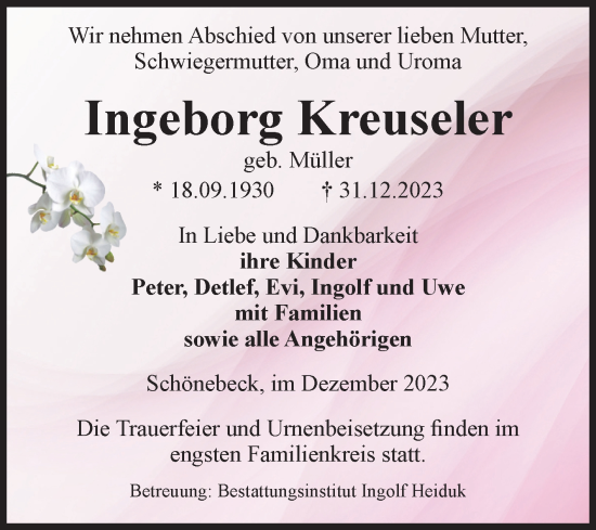 Traueranzeige von Ingeborg Kreuseler von Volksstimme Schönebeck