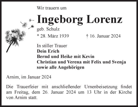 Traueranzeige von Ingeborg Lorenz von Volksstimme Altmark Ost