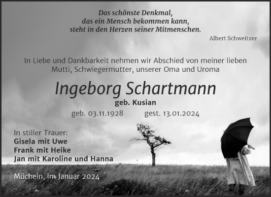 Traueranzeige von Ingeborg Schartmann von Mitteldeutsche Zeitung Merseburg/Querfurt