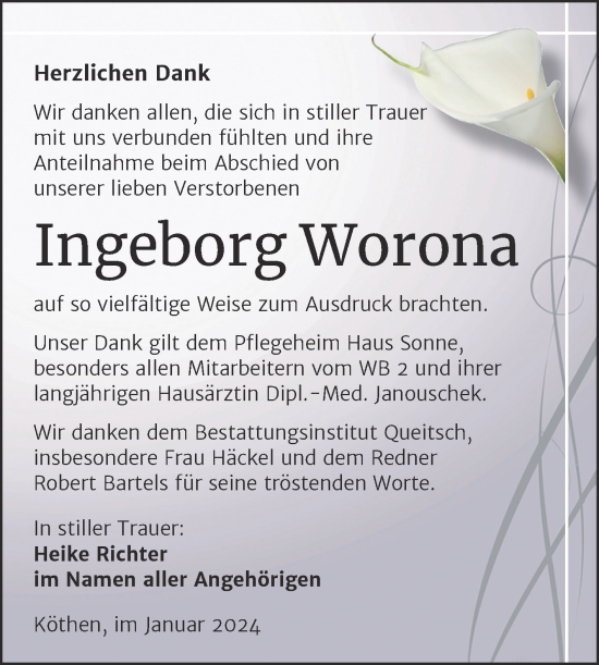 Traueranzeige von Ingeborg Worona von Trauerkombi Köthen