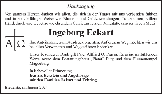 Traueranzeige von Ingeborg Eckart Eckart von Volksstimme Burg/Genthin