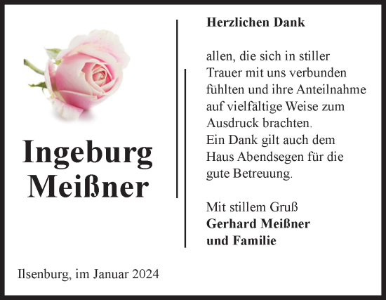 Traueranzeige von Ingeburg Meißner von Volksstimme Wernigerode