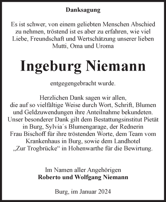 Traueranzeige von Ingeburg Niemann von Volksstimme Burg/Genthin