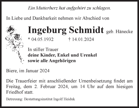 Traueranzeige von Ingeburg Schmidt von Volksstimme Schönebeck