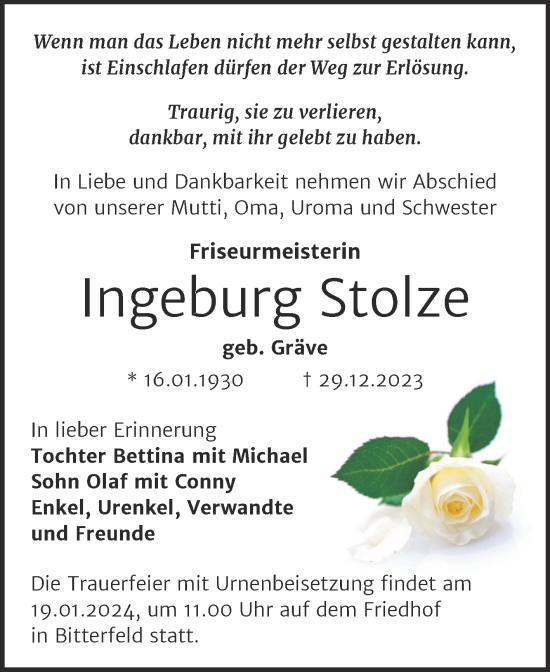 Traueranzeige von Ingeburg Stolze von Trauerkombi Bitterfeld