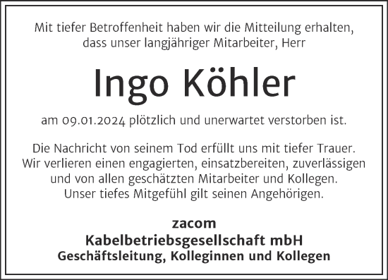 Traueranzeige von Ingo Köhler von Naumburger Tageblatt