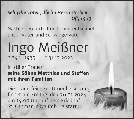 Traueranzeige von Ingo Meißner von Wochenspiegel Naumburg/Nebra