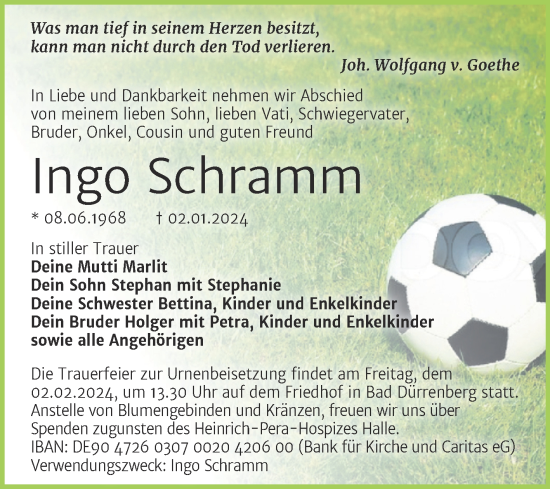 Traueranzeige von Ingo Schramm von Trauerkombi Merseburg